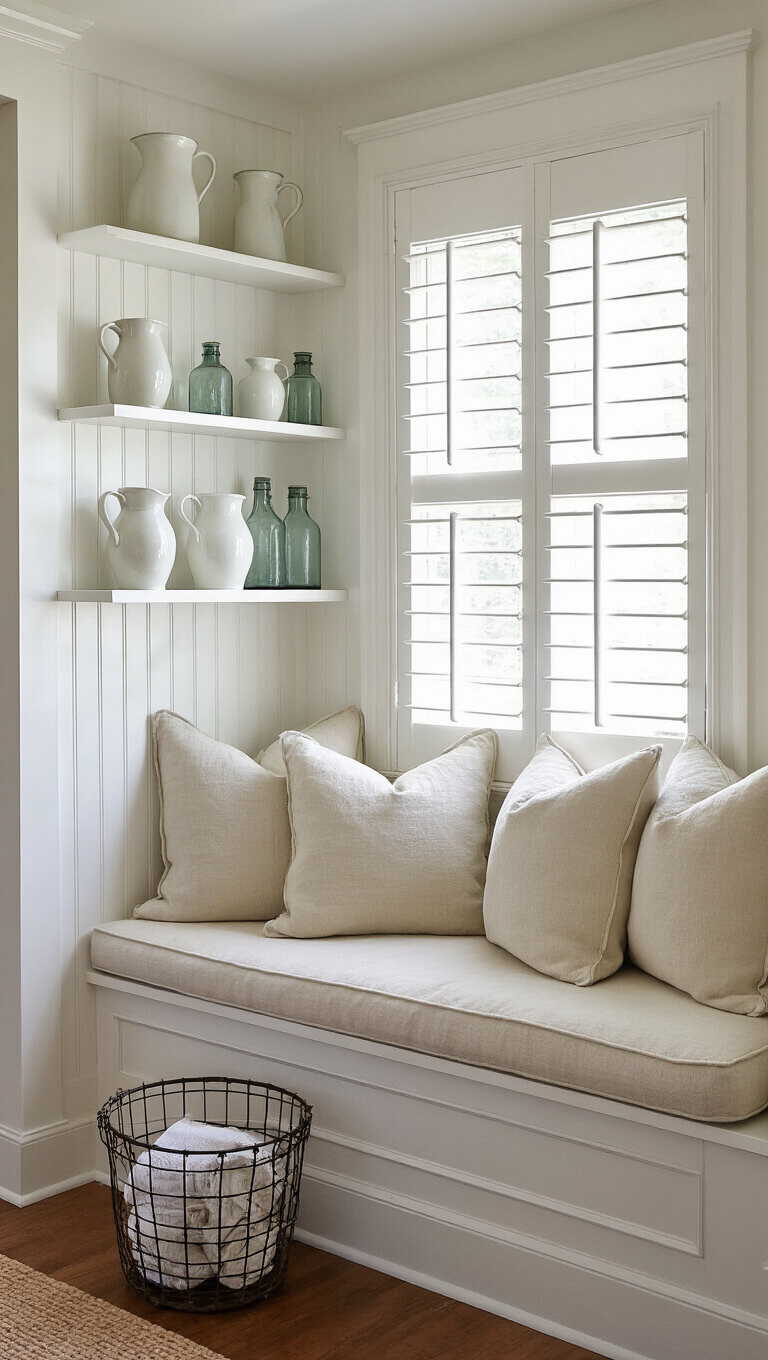 Cozy window seat nook with beadboard bench, French grain sack cushion, floating shelves with ironstone pitchers and antique bottles, white plantation shutters, and vintage wire basket in soft morning light.