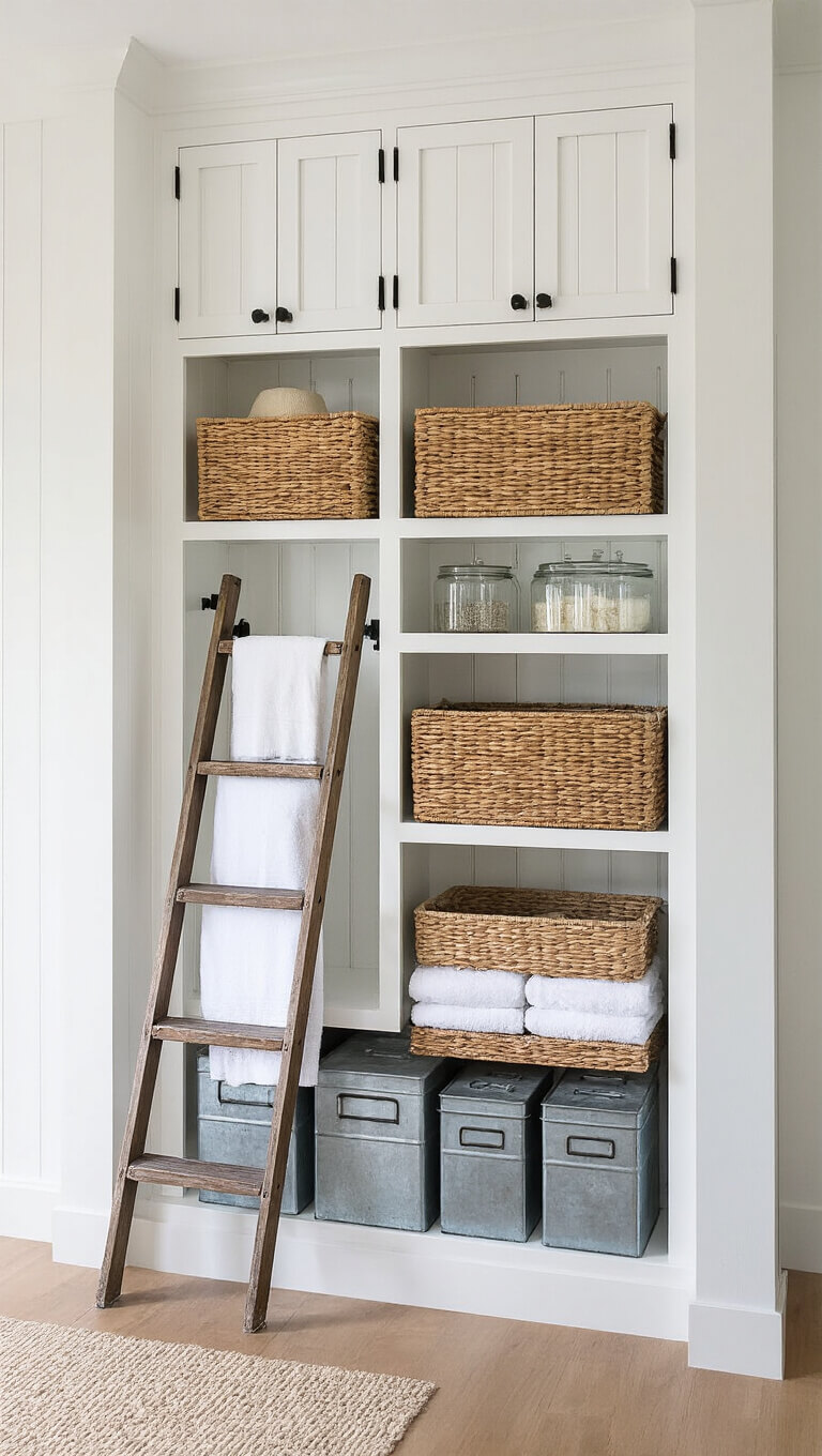 Straight-on view of white beadboard storage wall with black latches, open shelves holding baskets, towels, and glass jars, vintage ladder towel rack, and galvanized bins in soft morning light.