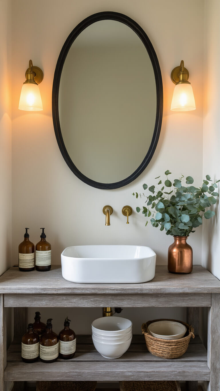 Golden hour light illuminates a weathered gray vanity with a white vessel sink, brass wall-mounted faucet, oval black metal mirror, and open shelves displaying amber bottles, white ceramics, and eucalyptus in a copper vase.