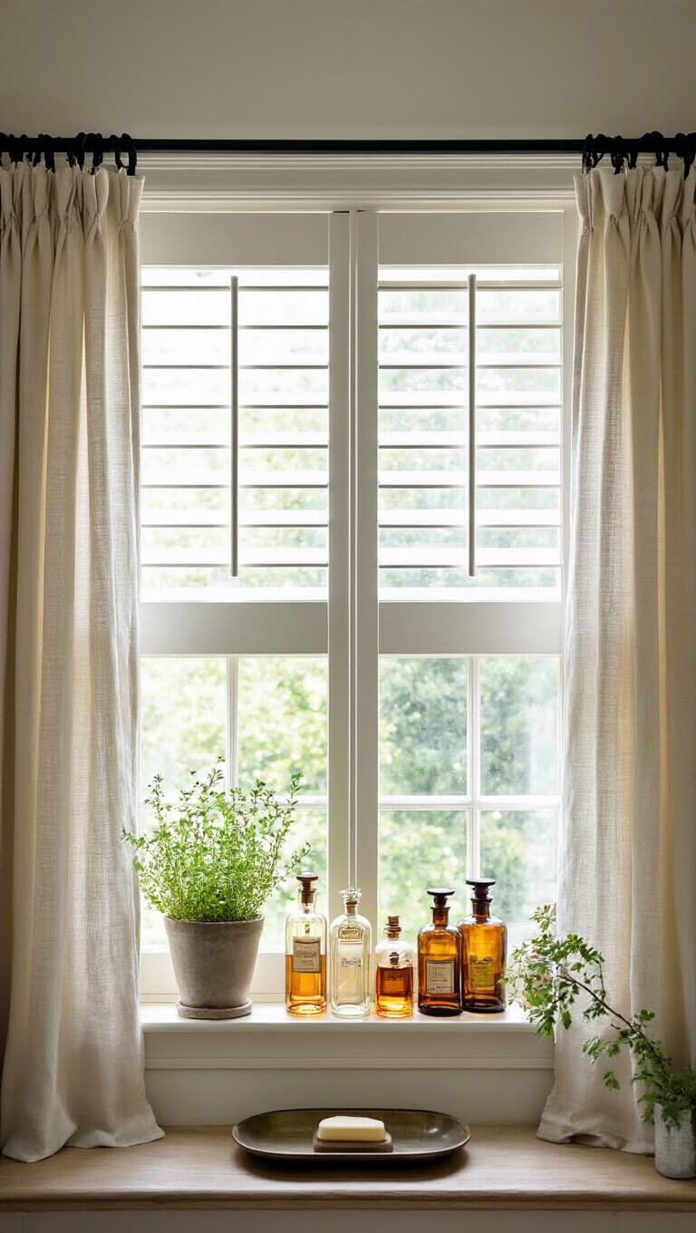 Cafe-curtained window with plantation shutters, vintage perfume bottles on glass shelf, potted herbs, and brass soap dish in soft afternoon backlight.