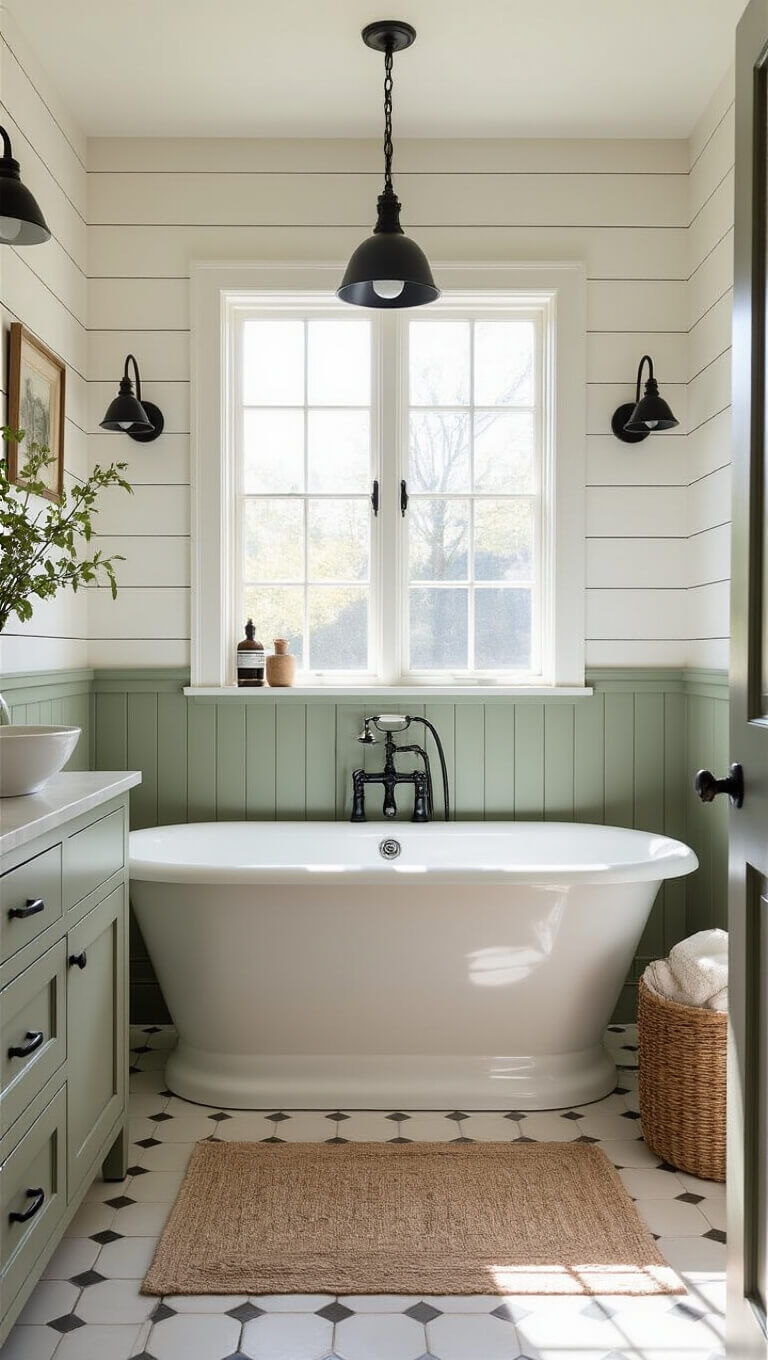 Wide-angle view of 8'x10' bathroom with clawfoot tub under window, vanity with vessel sink, white shiplap and sage beadboard walls, black hardware, vintage decor, and natural morning light.