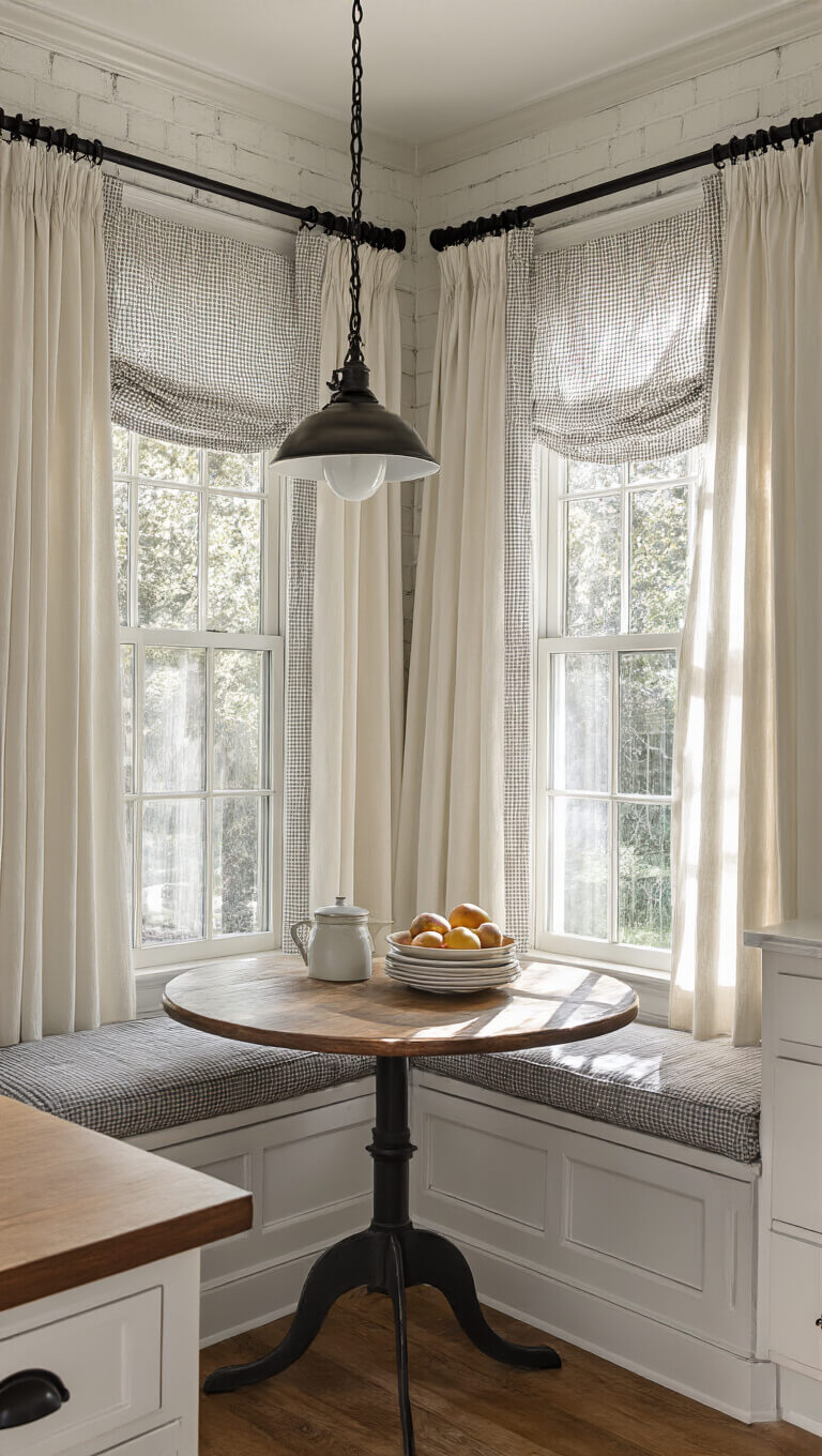 Corner breakfast nook in 10x10ft kitchen with dual windows, layered white and gray buffalo check curtains, antique white brick walls, enamelware on shelves, and honeyed mid-afternoon light.