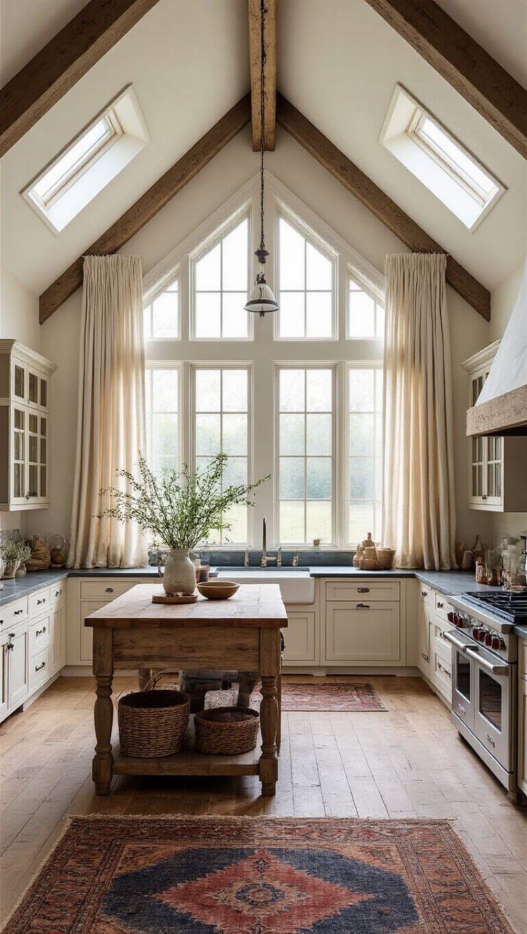 Expansive country kitchen with cathedral ceiling, dormer windows, reclaimed wood island, soapstone counters, and linen curtains glowing in morning light.