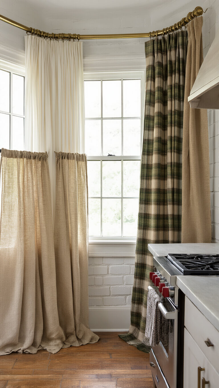 Cozy 10x12ft kitchen with bay window featuring layered cream, tan, and forest green curtains on brass rods, vintage corbels, and whitewashed brick backsplash, softly lit in afternoon light.