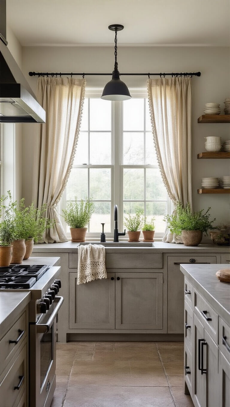 Modern farmhouse kitchen with concrete counters, floor-to-ceiling windows, natural flax linen cafe curtains with crocheted trim, dark iron hardware, mixed metal fixtures, and potted herbs on windowsills.