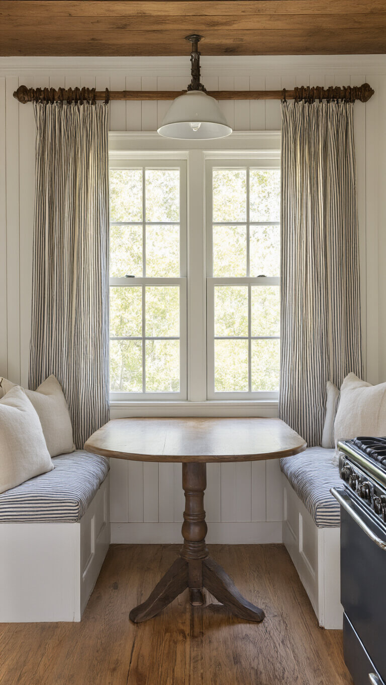 Close-up of rustic kitchen nook with navy and cream ticking stripe curtains, grain sack valance, antique wooden curtain rod with carved finials, and soft morning light highlighting fabric texture against beadboard walls.