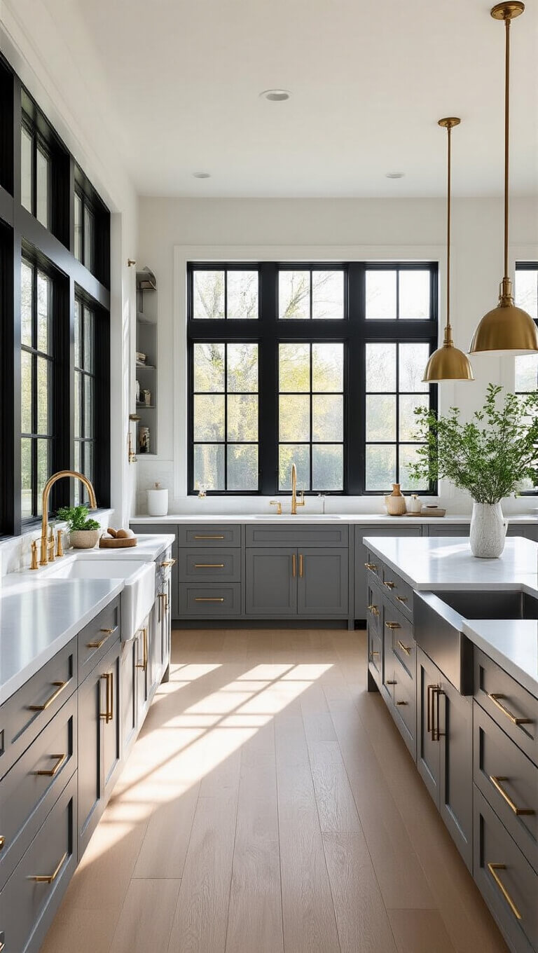 Modern minimalist gray kitchen with dove gray shaker cabinets, white quartz countertops, brass accents, and white oak flooring, bathed in golden hour light.