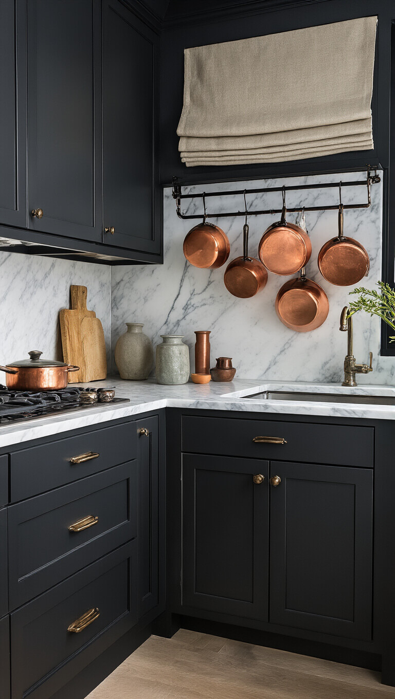 Charcoal kitchen vignette with matte cabinets, Carrara marble backsplash, and copper pots lit by blue hour light.