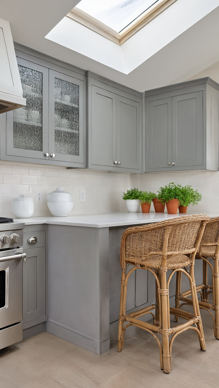 Close-up of medium gray kitchen cabinet with textured glass front, brushed nickel hardware, and rattan barstools, accented by white ceramics and potted herbs.