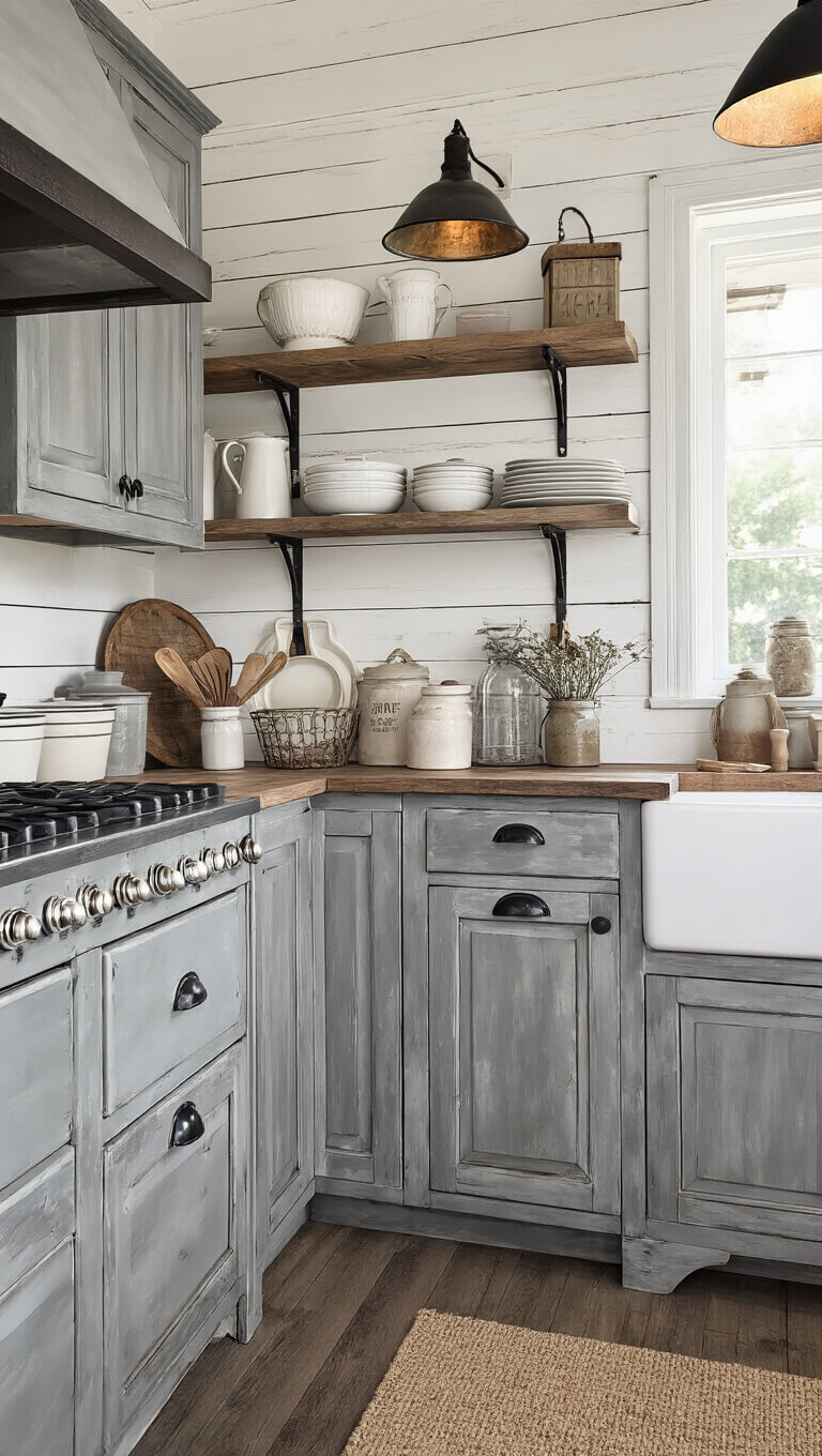 Corner of distressed gray farmhouse kitchen with shiplap walls, vintage hardware, open wood shelves displaying ironstone, and black iron pendant lighting.