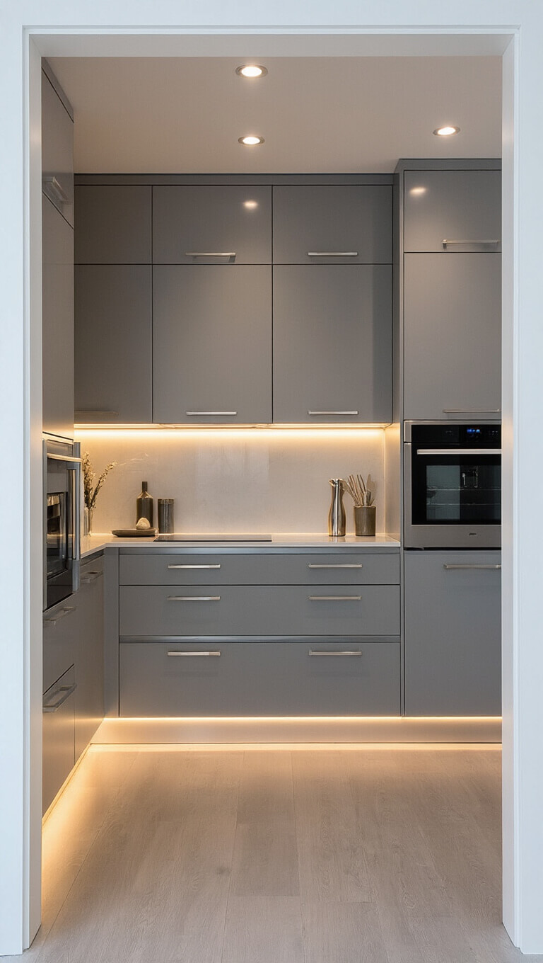 Contemporary gray kitchen at twilight with LED uplighting, seamless medium warm gray cabinets, backlit floating shelves, and reflective mirror-finish appliances.