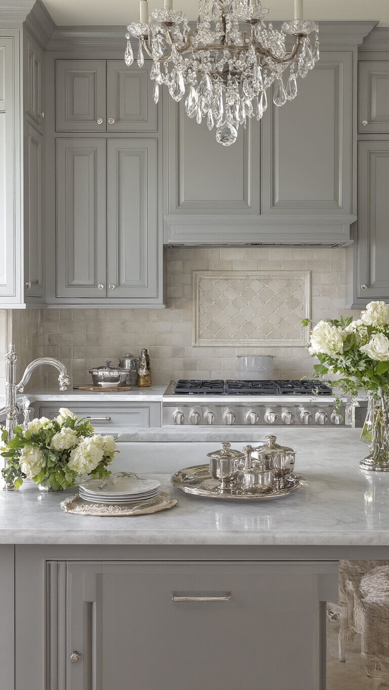 Traditional gray kitchen with marble countertops, crystal chandelier, silver serving pieces, and fresh flowers illuminated by morning light.