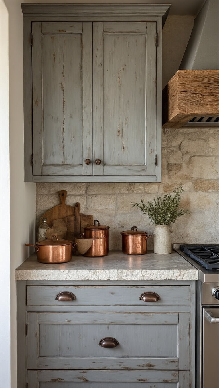 Close-up of rustic gray kitchen cabinet with reclaimed wood, iron hardware, stone countertop, copper pots, and vintage decor in golden hour light.