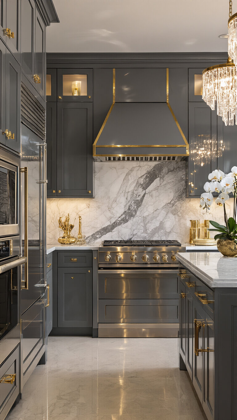 Luxurious gray kitchen with gold accents, marble backsplash, crystal chandeliers, and mirror-finish appliances in evening light.