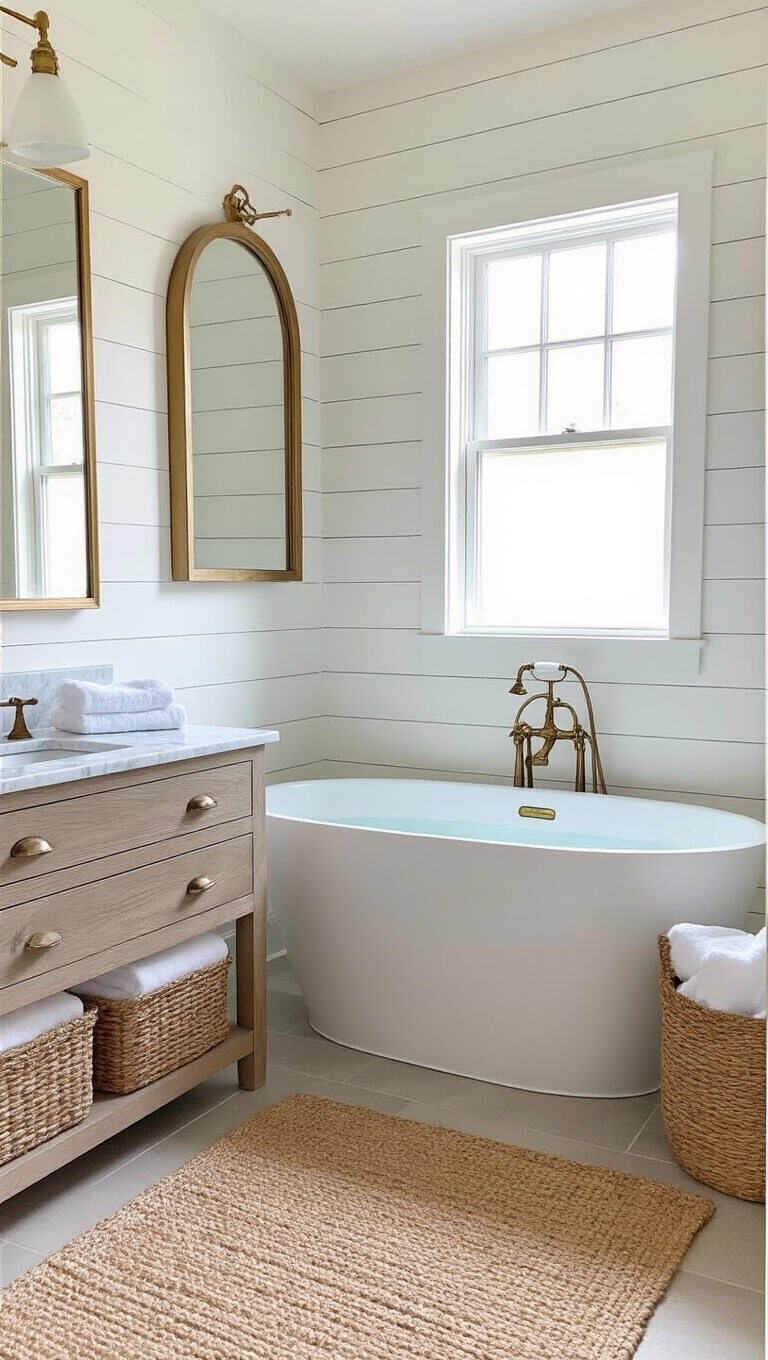 Coastal bathroom with white freestanding tub, weathered oak vanity, arched brass mirror, and natural light streaming through frosted window.