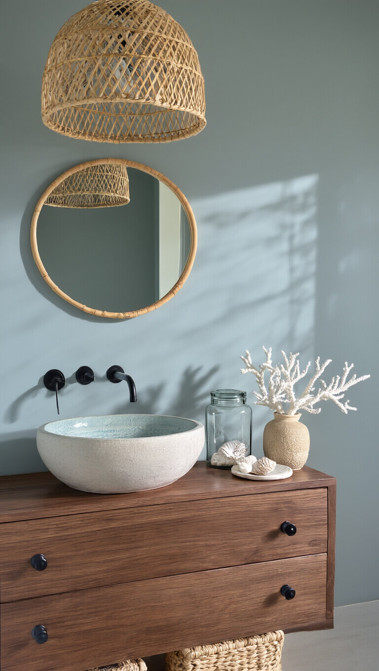 Cozy powder room with floating walnut vanity, pale blue-gray walls, rattan pendant, ceramic sink, capiz mirror, and moody golden hour lighting.