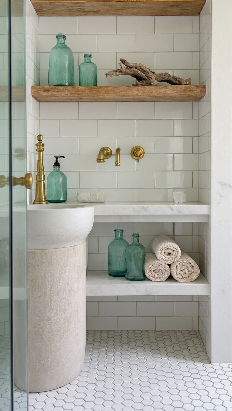 Master bathroom corner with white hex tile floor, subway tile walls, brass faucet over concrete sink, and aqua-toned shelf decor in natural light.