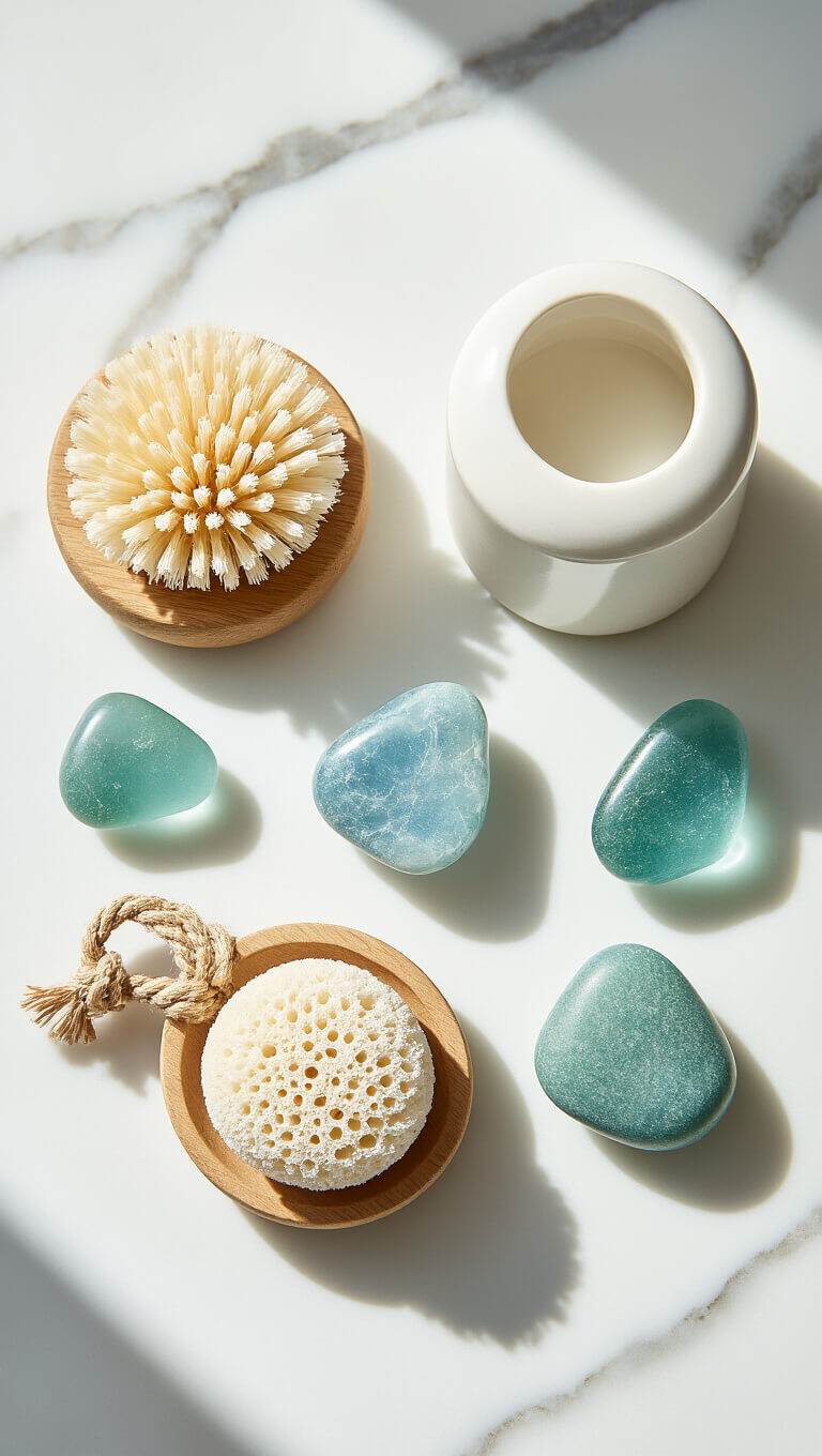 Flatlay of coastal bathroom accessories on white marble, including wooden soap dish, sea sponge, ceramic containers, sea glass, and rope detail in natural light.