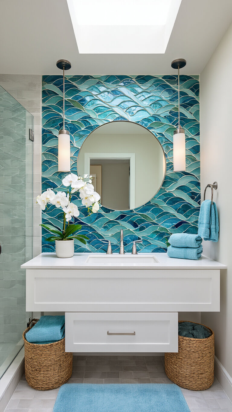 Modern 10x12ft bathroom with wave-patterned blue and green mosaic tile accent wall, white floating vanity, round mirror, and skylight lighting.