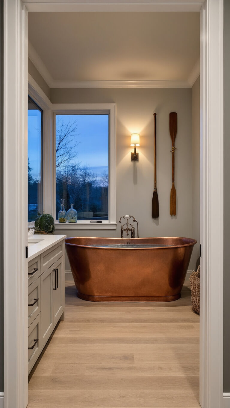Dusk view of bathroom from master suite featuring copper soaking tub, warm LED sconces, whitewashed oak floors, built-in glass cabinets, and nautical vintage decor.
