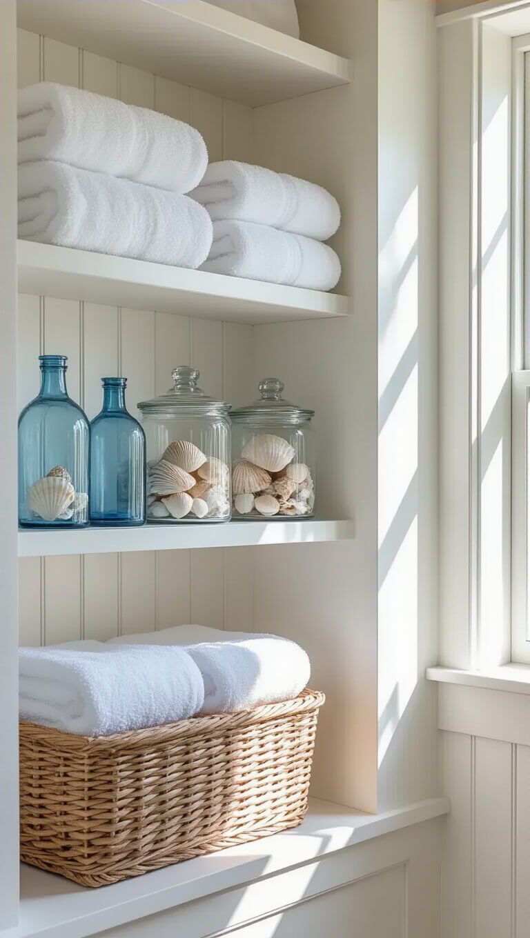 Built-in white bathroom shelves with towels, glass canisters of shells, blue bottles, and woven baskets, lit by natural window light.