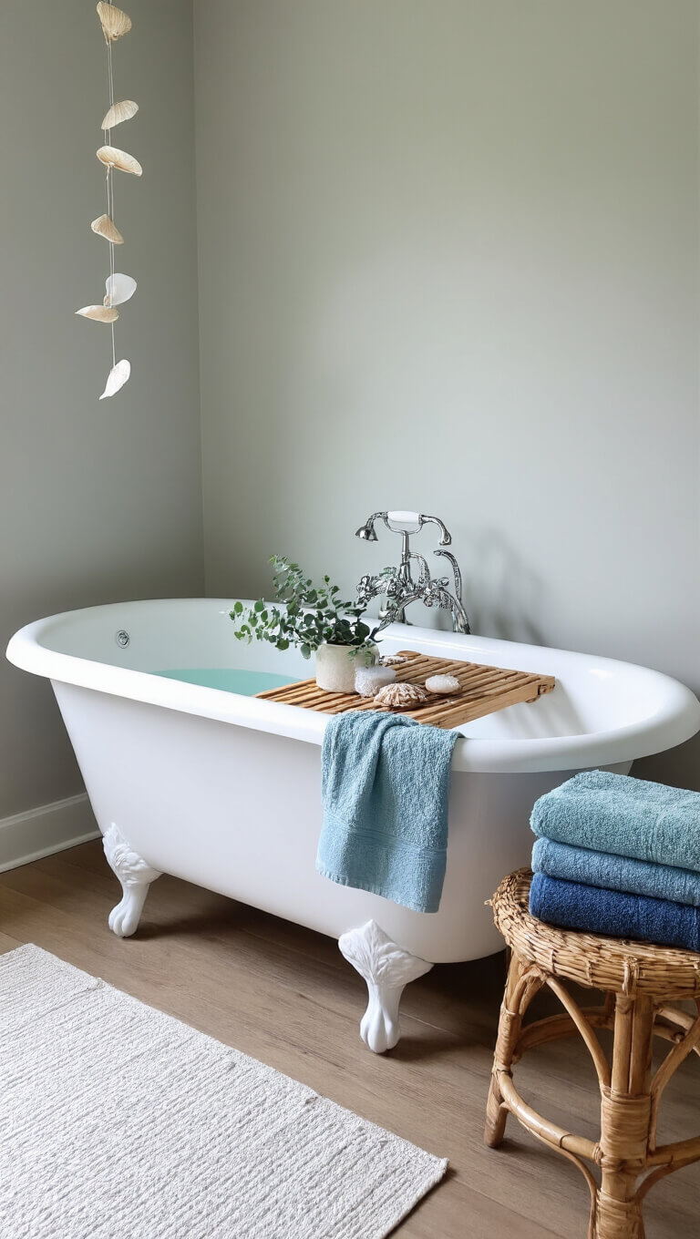 Clawfoot tub with wooden caddy, eucalyptus, and sea salts in sunlit gray bathroom, with blue towels on rattan stool and capiz shell wind chime.