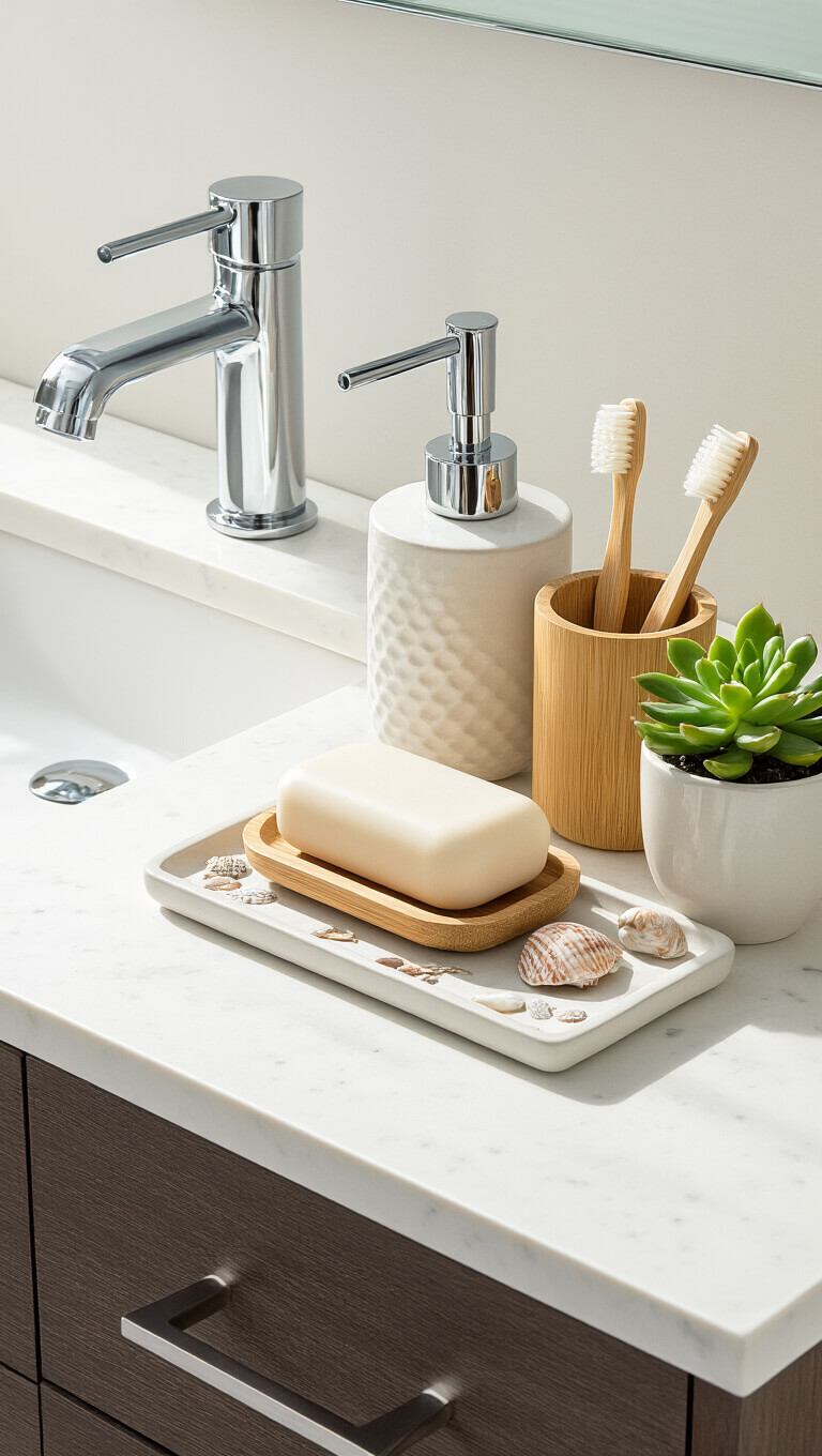 Modern coastal vanity with white quartz countertop, pottery soap dispenser, bamboo toothbrush holder, succulent, and shell-inlaid tray; chrome faucet adds shine, viewed from 45-degree angle.