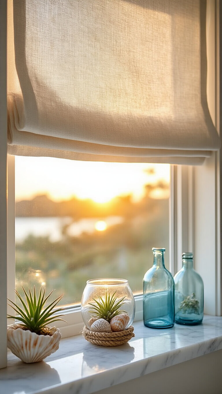 Bathroom window at sunset with linen Roman shade, marble sill adorned with coastal decor including rope-trimmed glass hurricane, shell air plants, and vintage blue bottles.