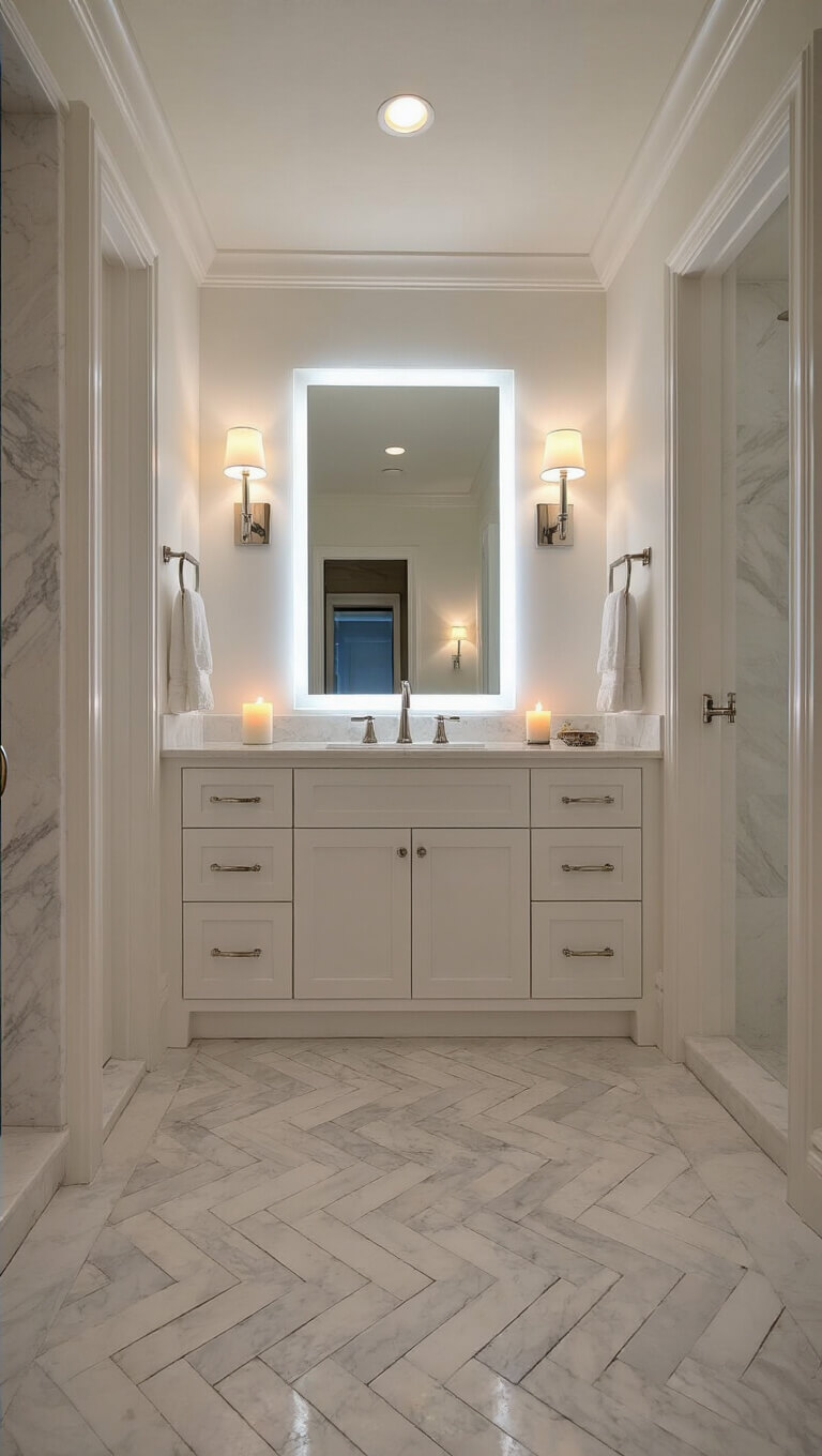 Luxury coastal bathroom at night with LED-lit mirror, white vanity, marble herringbone floor, and ambient candlelight and sconces.