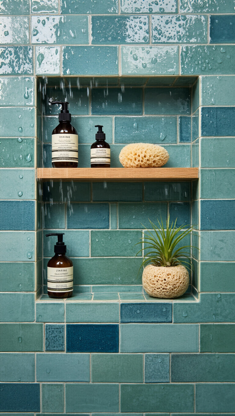 Close-up of blue and green ceramic tile shower niche with bath products, sea sponges, and air plant, water droplets on glass door.