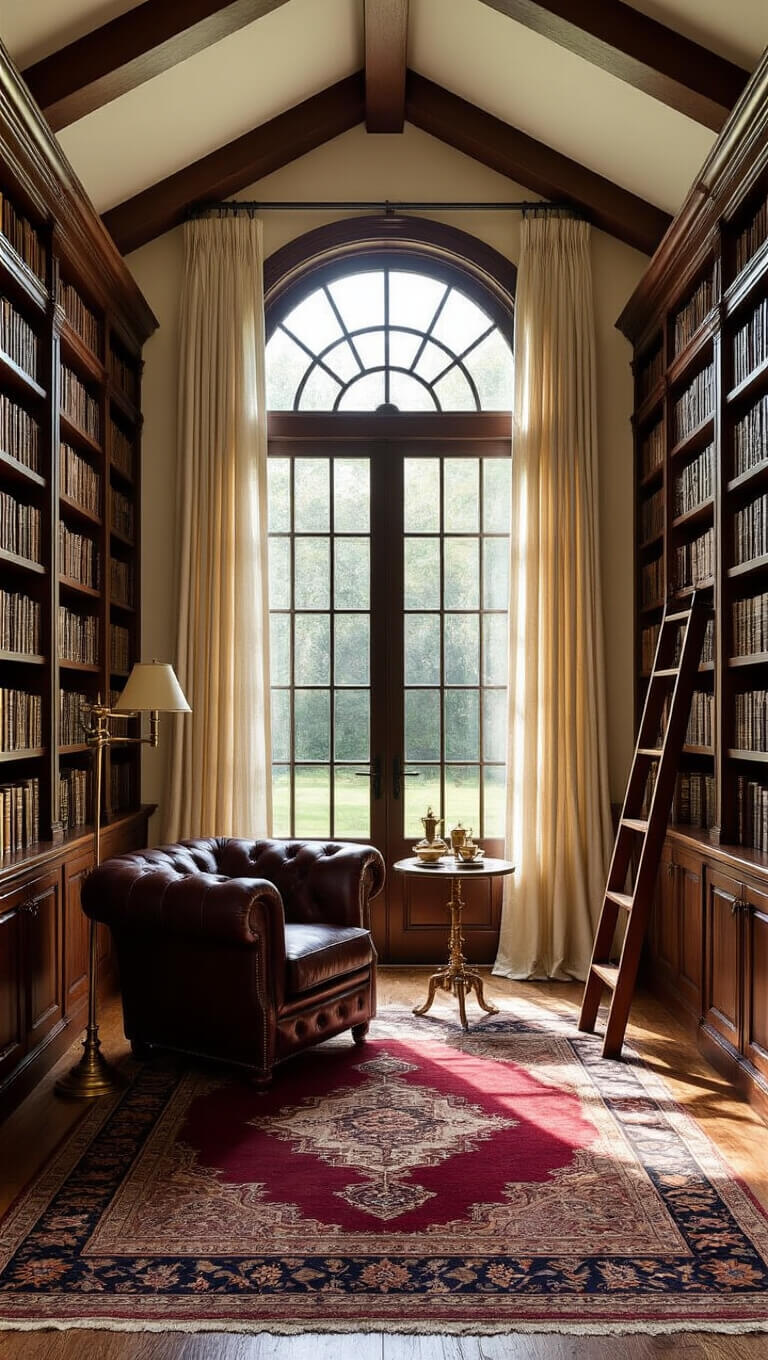 Traditional home library with cathedral ceilings, mahogany bookshelves, large arched window, Chesterfield armchair, Persian rug, and brass library ladder.