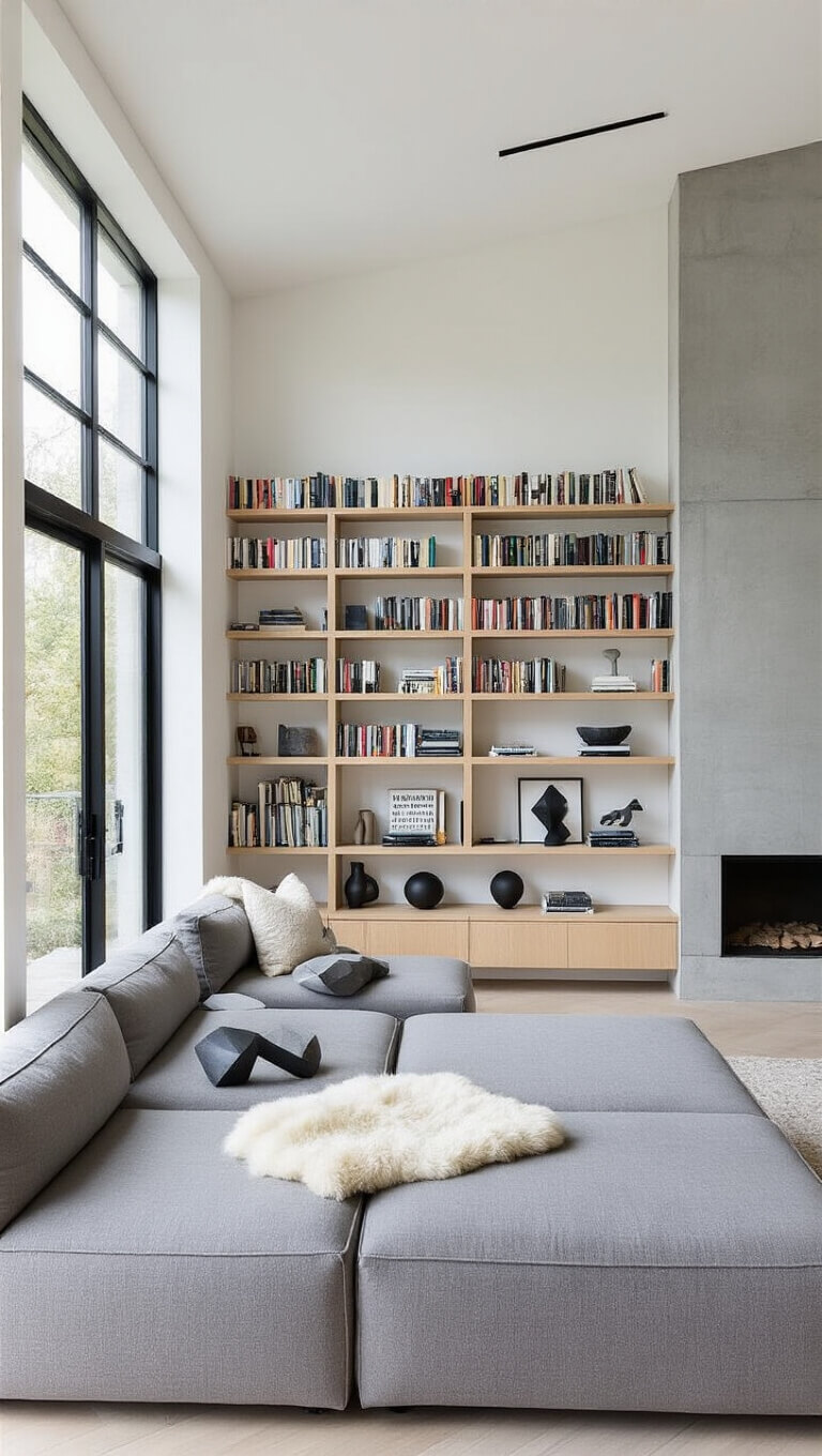Modern minimalist library with white walls, blonde oak shelves, grey sectional, concrete fireplace, and color-arranged books in serene morning light.