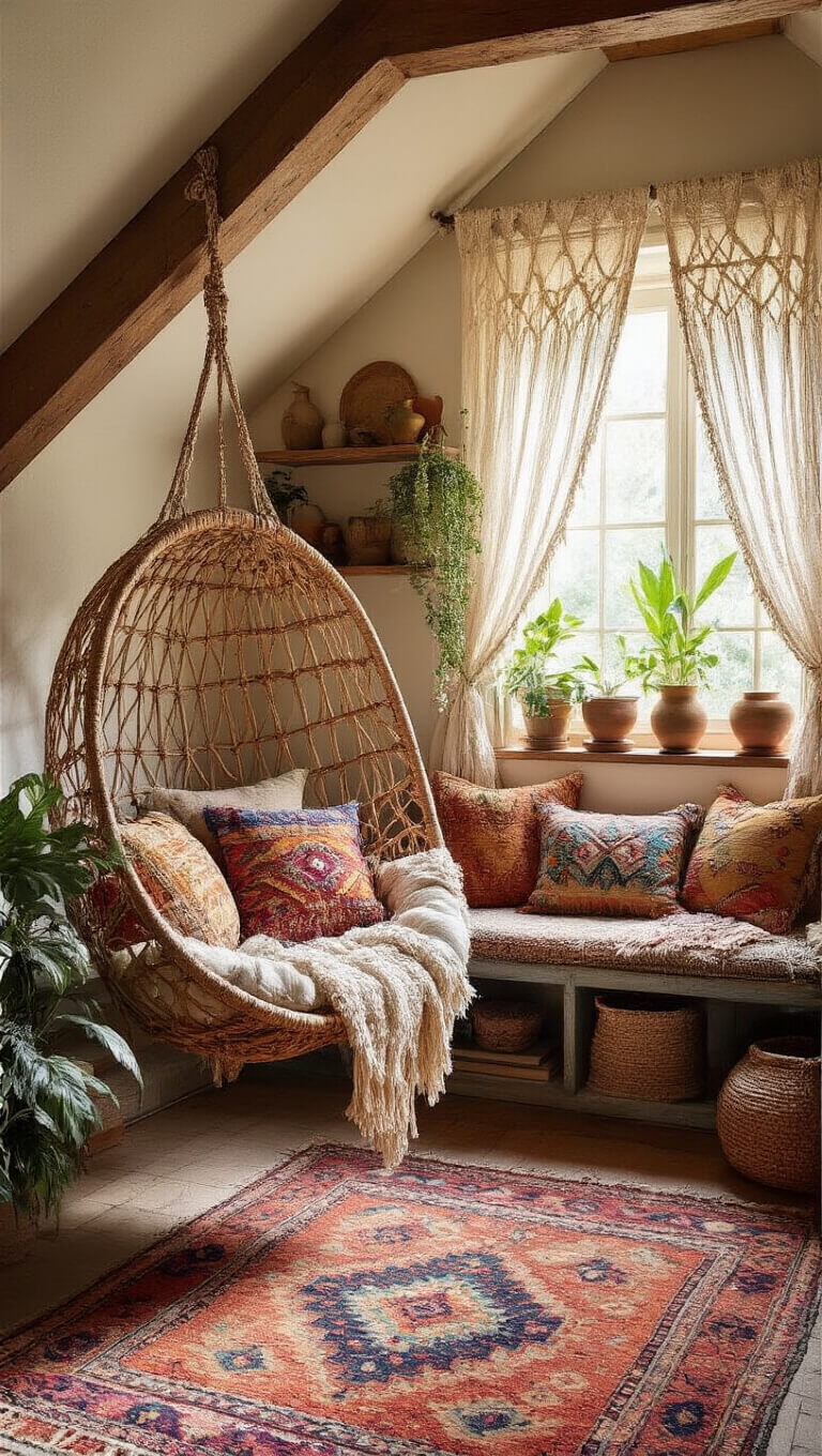Bohemian reading nook with rattan hanging chair, colorful kilim rug, macramé curtains casting shadows, and shelves of pottery and plants in a cozy room with slanted ceiling.