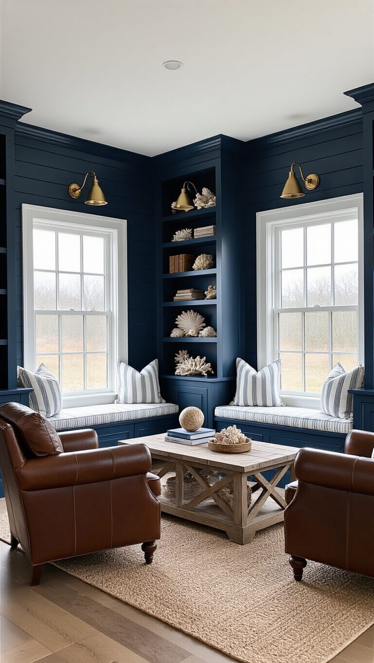 Moody coastal library den with navy shiplap walls, built-in shelves, window seat, leather chairs, and driftwood coffee table in soft overcast light.