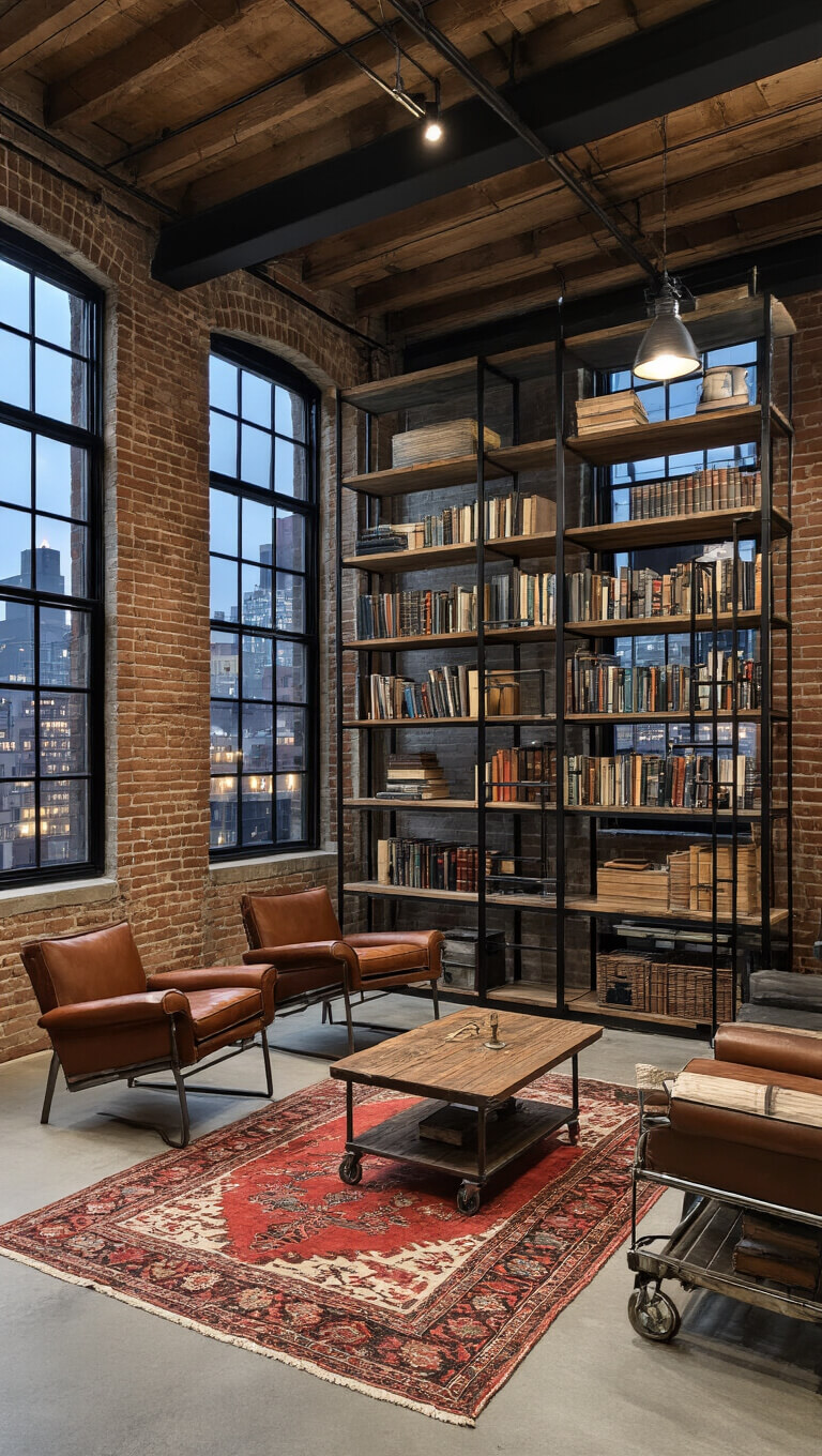Industrial chic loft library with exposed brick, steel and wood shelving, mid-century leather chairs, vintage rugs, and city lights visible through tall factory windows.