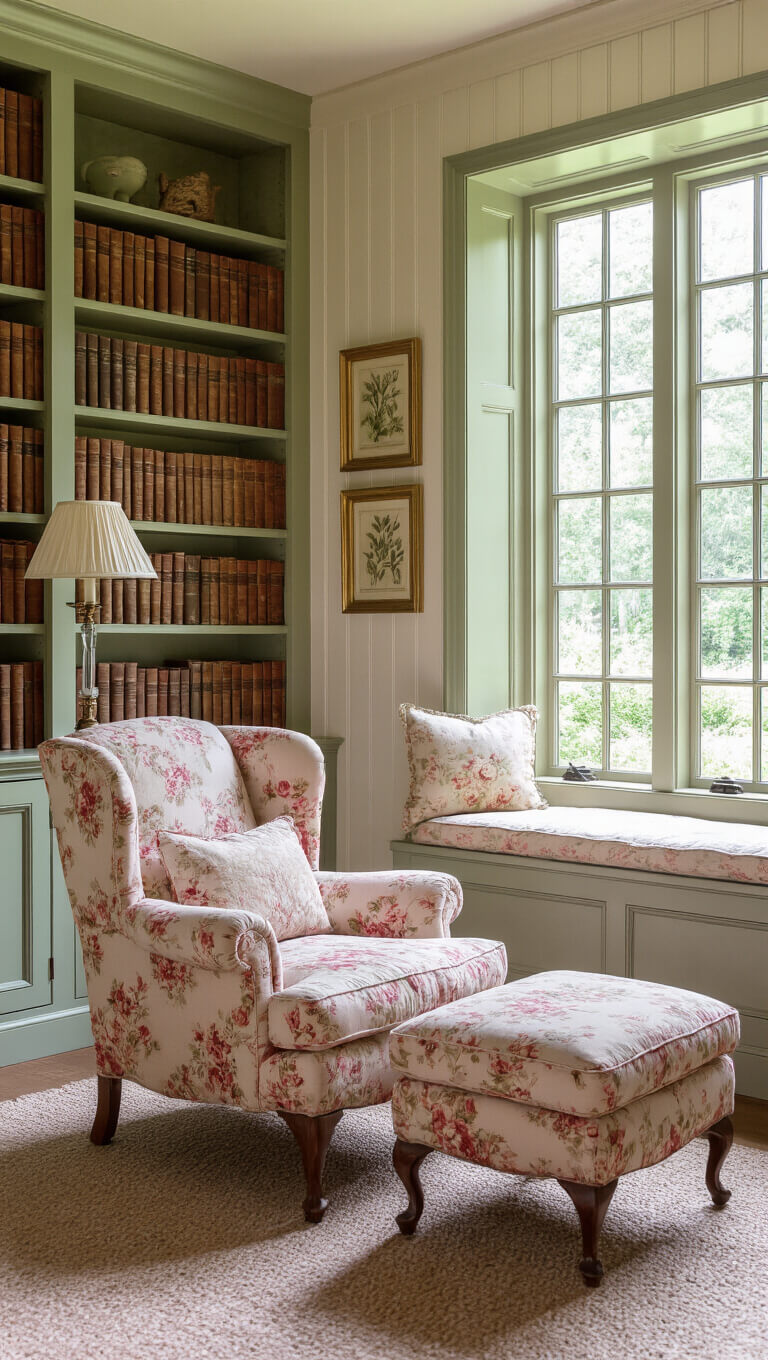 Cozy English cottage library with sage green bookshelves, rose floral armchair, mullioned windows with window seats, and soft afternoon light.