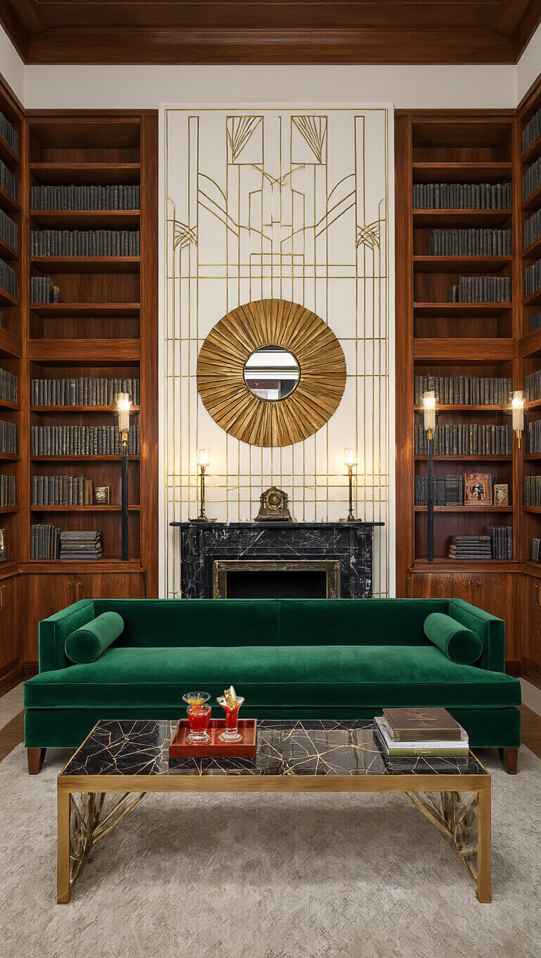 Art Deco library with walnut bookshelves, emerald velvet sofa, black marble fireplace, sunburst mirror, alabaster sconces, and stepped ceiling detail.