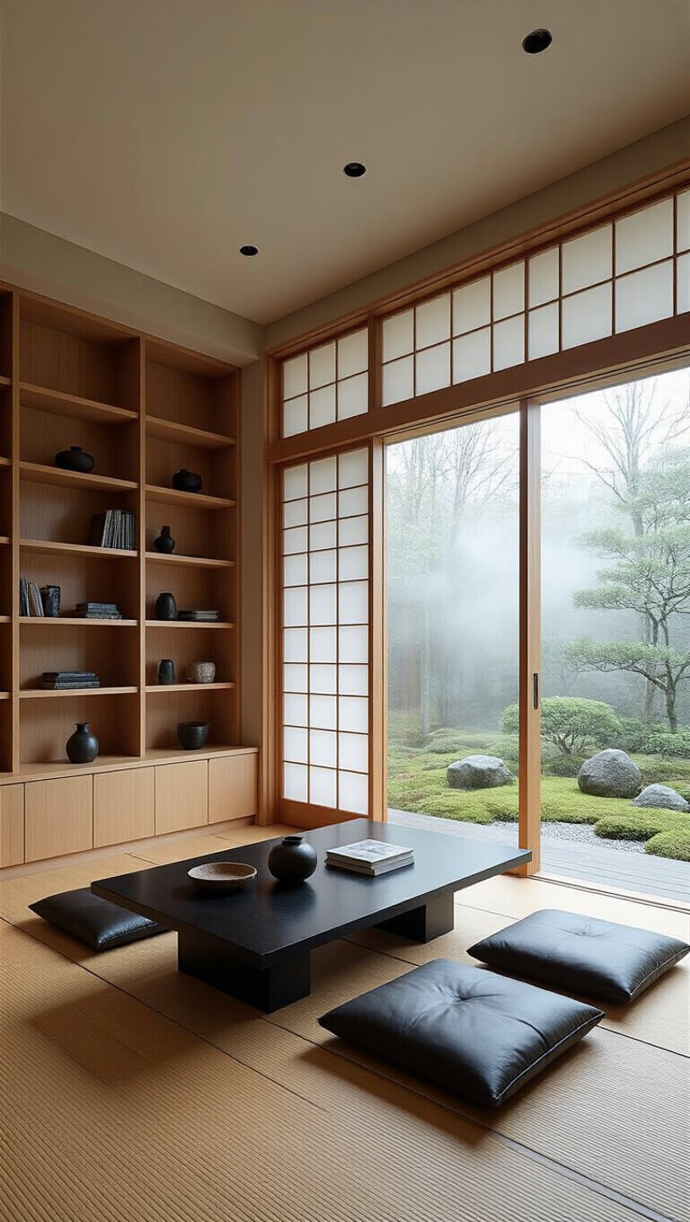 Contemporary Japanese-style library with shoji screens, bamboo flooring, cedar shelves, leather floor cushions around black lacquer table, Zen garden view through glass doors in morning mist, and minimal décor with pottery and ikebana.