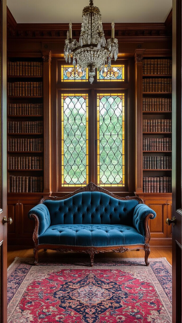 Victorian parlor library with cherry wood built-ins, peacock blue velvet settee, stained glass windows, crystal chandelier, and oil paintings in gilded frames.