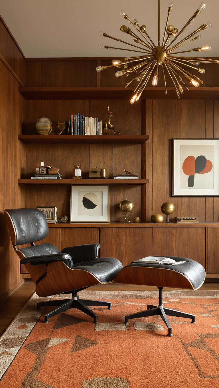 Mid-century modern library den with wood-paneled walls, walnut floating shelves, Eames lounge chair, geometric orange and brown rug, Sputnik chandelier, brass accessories, and abstract art.