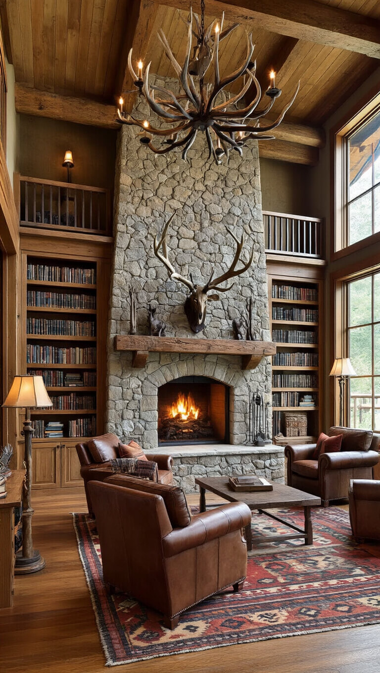 Rustic mountain library with stone fireplace, reclaimed timber shelves, leather chairs, Navajo rugs, antler chandelier, and morning light through clerestory windows.