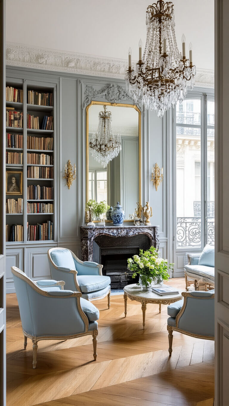 Elegant Parisian apartment library with dove grey bookcases, marble fireplace, pale blue Louis XVI chairs, crystal chandelier, gilded mirrors, and herringbone floors, bathed in afternoon light from tall windows.