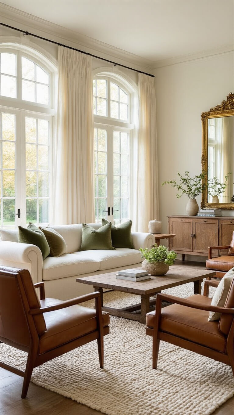 Golden hour light fills a sunlit 20x24ft living room with creamy white walls, an oatmeal linen sofa, cognac leather chairs, vintage walnut coffee table, and layered textures including a wool rug and velvet pillows.