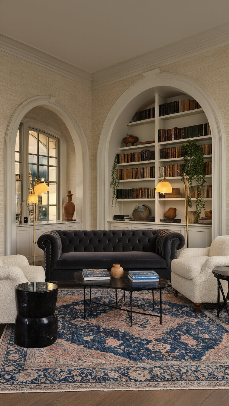 Elegant dusk-lit 16x18ft living space with archways, Chesterfield sofa, ivory chairs, Persian rug, and ambient window glow.