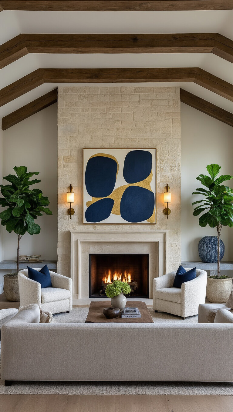 Elegant great room with exposed beams, limestone fireplace, modern greige sofa, ivory bouclé chairs, navy and gold abstract art, layered lighting, and natural accents, captured at blue hour.