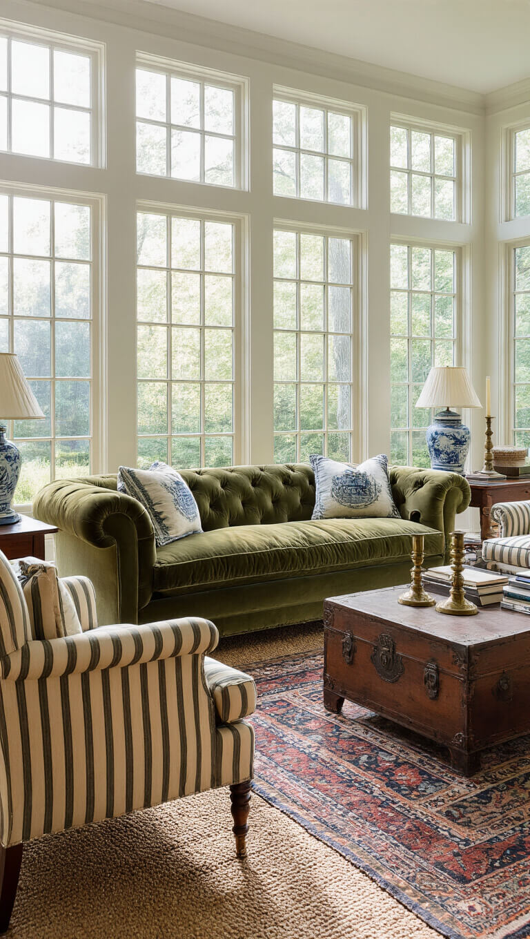 Cozy 14x16ft sitting room with morning light, velvet roll arm sofa, striped bergère chairs, antique chest coffee table, and vintage decor accents.