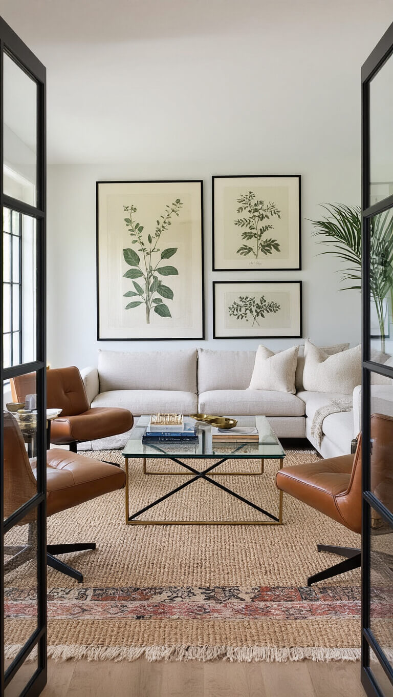 Modern-traditional 18x20ft living room with linen sofa, leather swivel chairs, glass-top coffee table, gallery wall of vintage botanical prints, layered rugs, and minimal brass and art book decor.