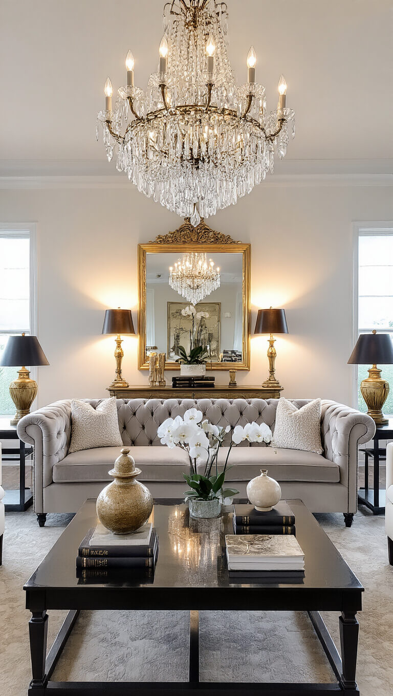 Formal living room at sunset with pearl grey tufted sofa, ivory bouclé chairs, black coffee table, crystal chandelier, and oversized gilded mirror.