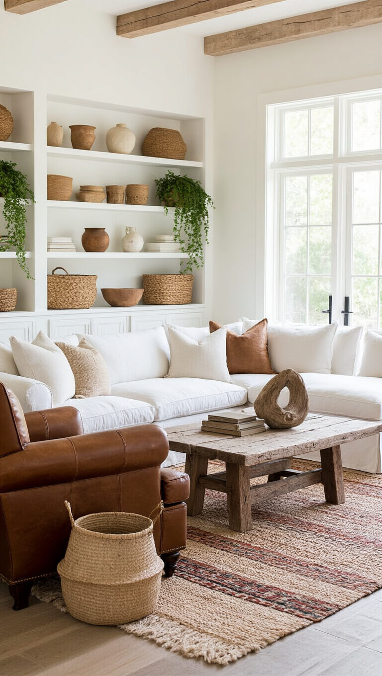 Bright, airy casual living space with white slipcovered sectional, vintage leather chairs, reclaimed wood coffee table, layered rugs, open shelving with ceramics and plants, and natural decor accents.