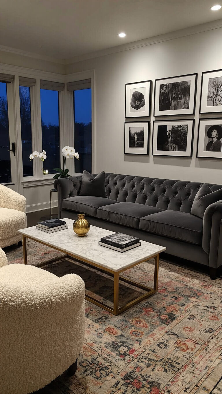 Elegant twilight sitting room with charcoal tufted sofa, cream bouclé chairs, marble coffee table, and moody lighting.